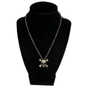 Skull Crossbones Pendant Necklace Womens Gold Tone Rhinestone Gothic